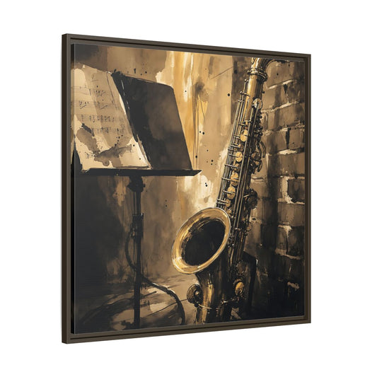 Main Mockup. Vintage Saxophone Brown And Gold Saxophone shown as framed canvas print