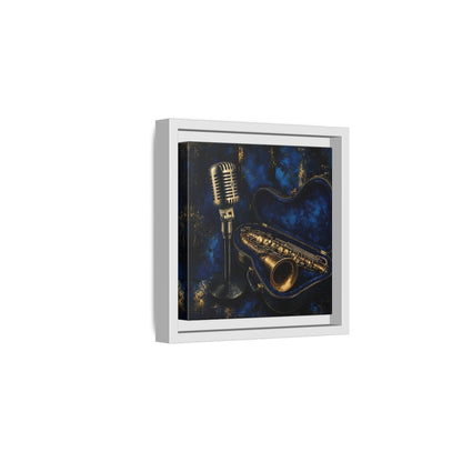 Side Mockup 1. Vintage Saxophone Microphone Blue And Gold Music shown as framed canvas print