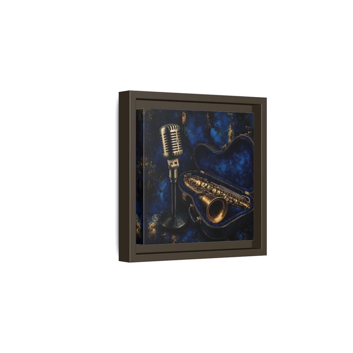 Side Mockup 2. Vintage Saxophone Microphone Blue And Gold Music shown as framed canvas print