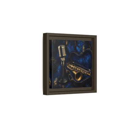 Side Mockup 2. Vintage Saxophone Microphone Blue And Gold Music shown as framed canvas print