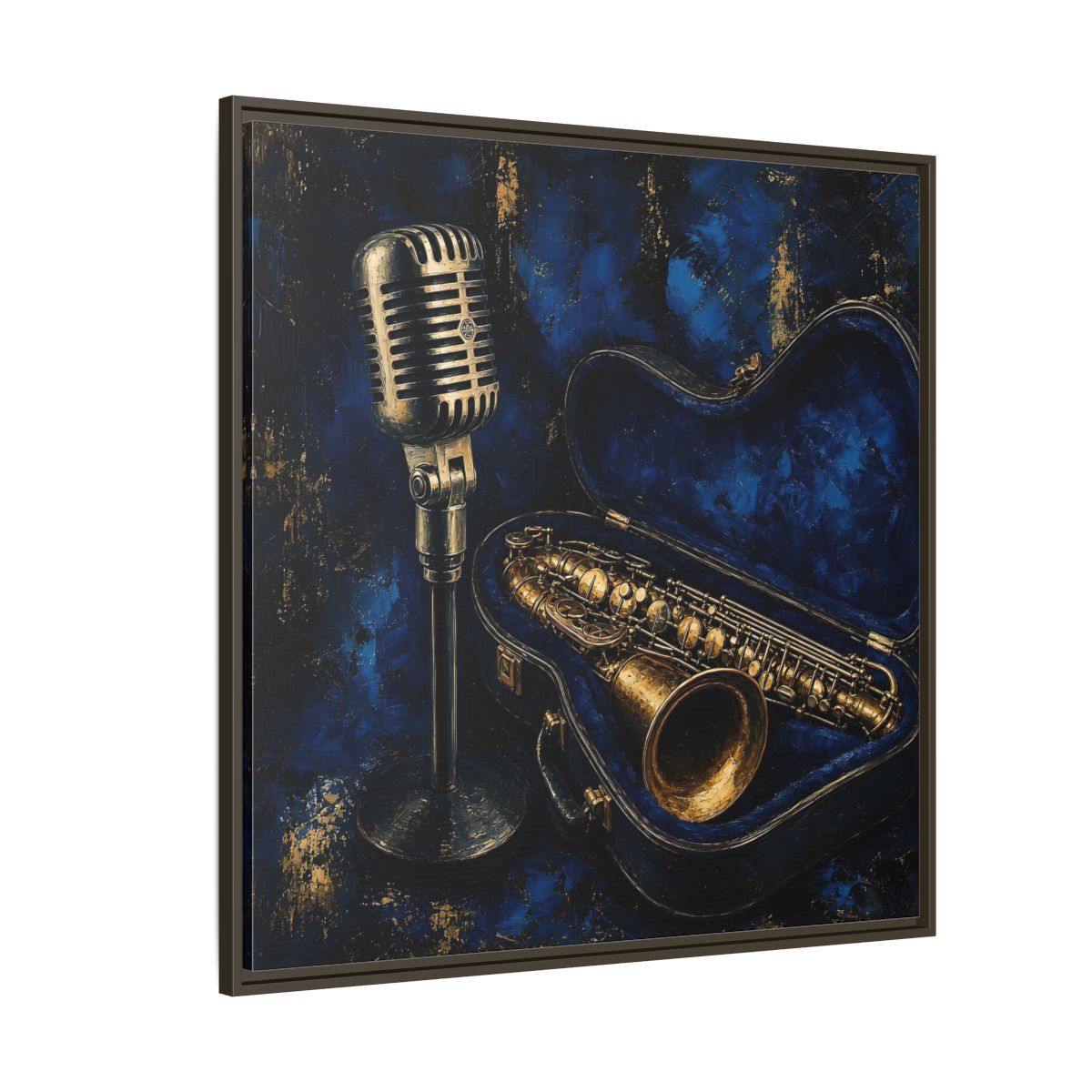 Side Mockup 5. Vintage Saxophone Microphone Blue And Gold Music shown as framed canvas print