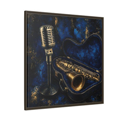 Side Mockup 5. Vintage Saxophone Microphone Blue And Gold Music shown as framed canvas print