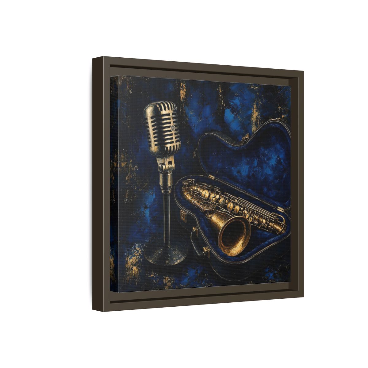 Side Mockup 17. Vintage Saxophone Microphone Blue And Gold Music shown as framed canvas print