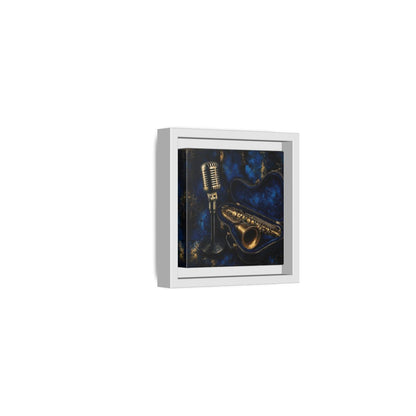 Side Mockup 22. Vintage Saxophone Microphone Blue And Gold Music shown as framed canvas print