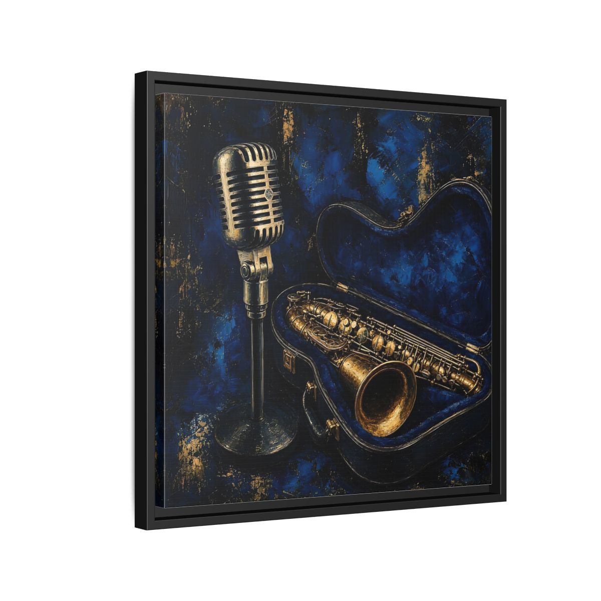 Side Mockup 12. Vintage Saxophone Microphone Blue And Gold Music shown as framed canvas print