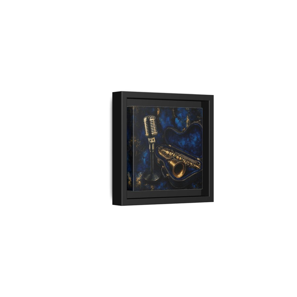 Side Mockup 24. Vintage Saxophone Microphone Blue And Gold Music shown as framed canvas print