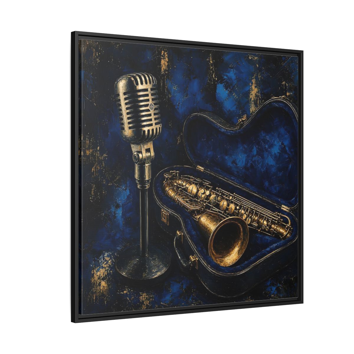 Side Mockup 6. Vintage Saxophone Microphone Blue And Gold Music shown as framed canvas print