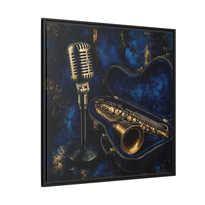 Side Mockup 6. Vintage Saxophone Microphone Blue And Gold Music shown as framed canvas print