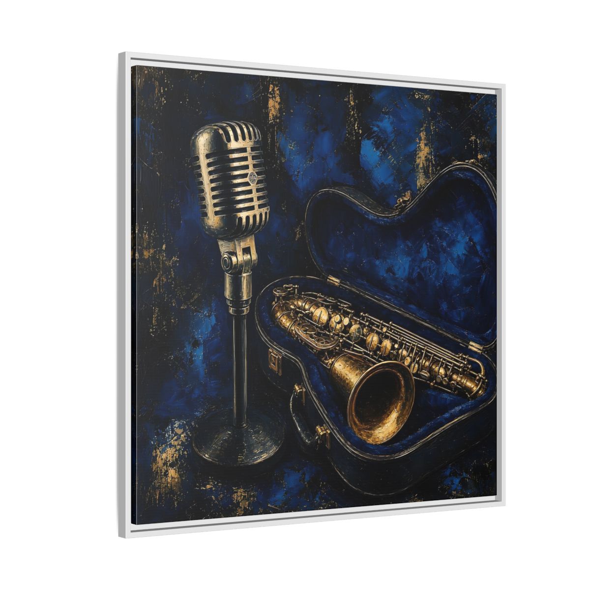 Side Mockup 4. Vintage Saxophone Microphone Blue And Gold Music shown as framed canvas print