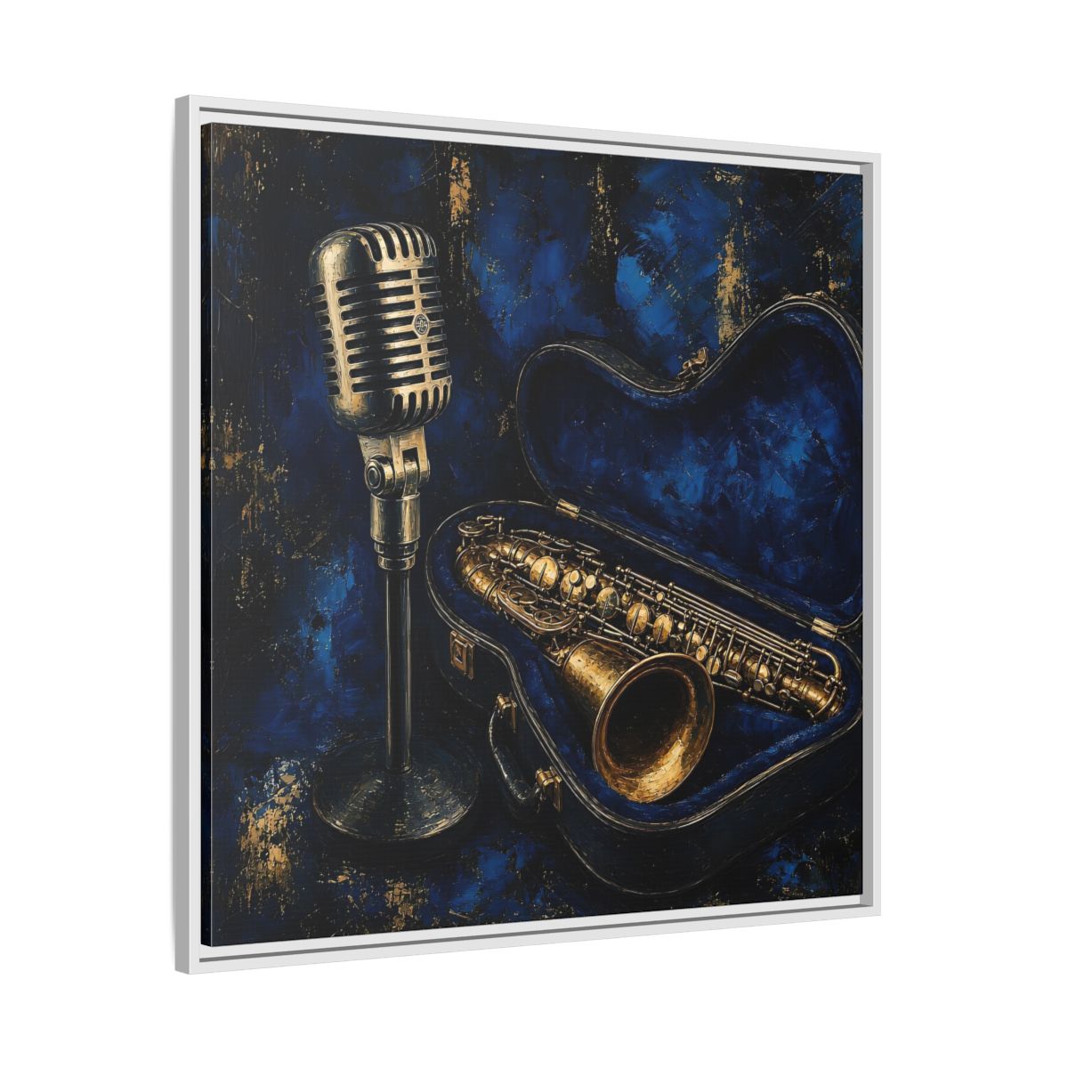 Side Mockup 25. Vintage Saxophone Microphone Blue And Gold Music shown as framed canvas print
