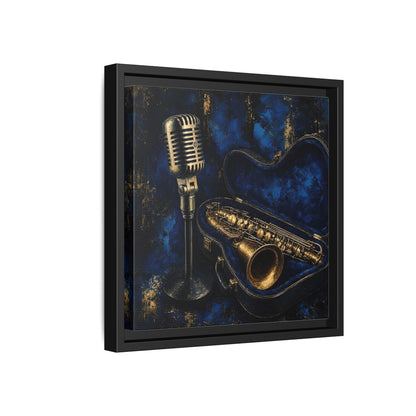 Side Mockup 18. Vintage Saxophone Microphone Blue And Gold Music shown as framed canvas print