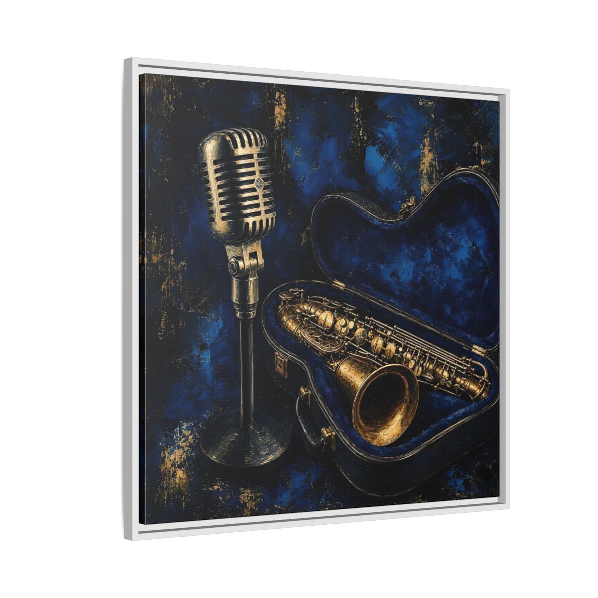 Side Mockup 7. Vintage Saxophone Microphone Blue And Gold Music shown as framed canvas print
