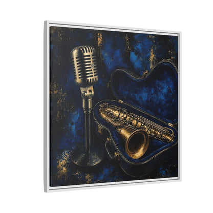 Side Mockup 7. Vintage Saxophone Microphone Blue And Gold Music shown as framed canvas print