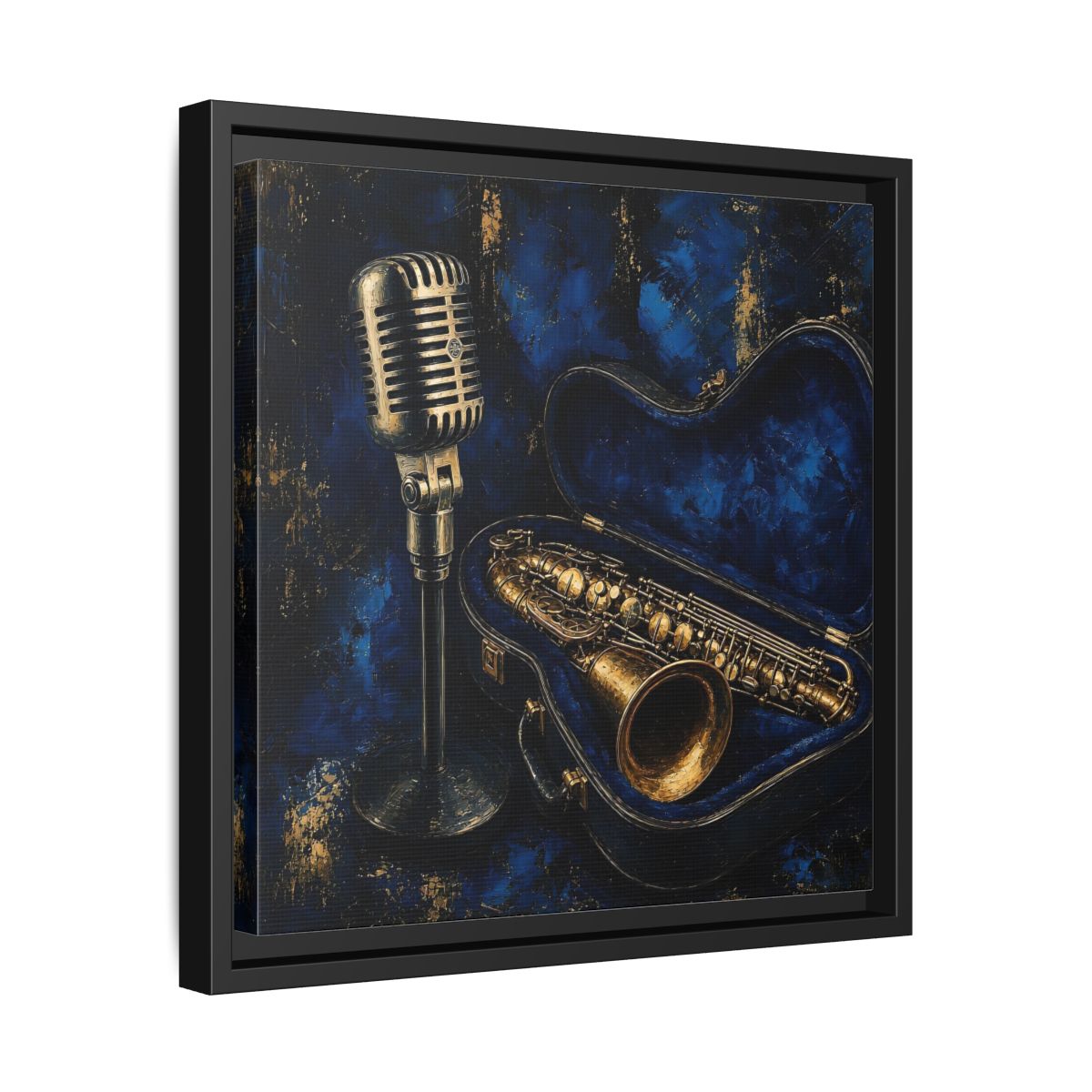 Side Mockup 32. Vintage Saxophone Microphone Blue And Gold Music shown as framed canvas print