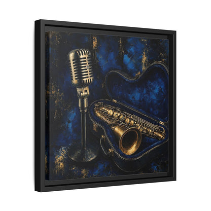 Side Mockup 32. Vintage Saxophone Microphone Blue And Gold Music shown as framed canvas print
