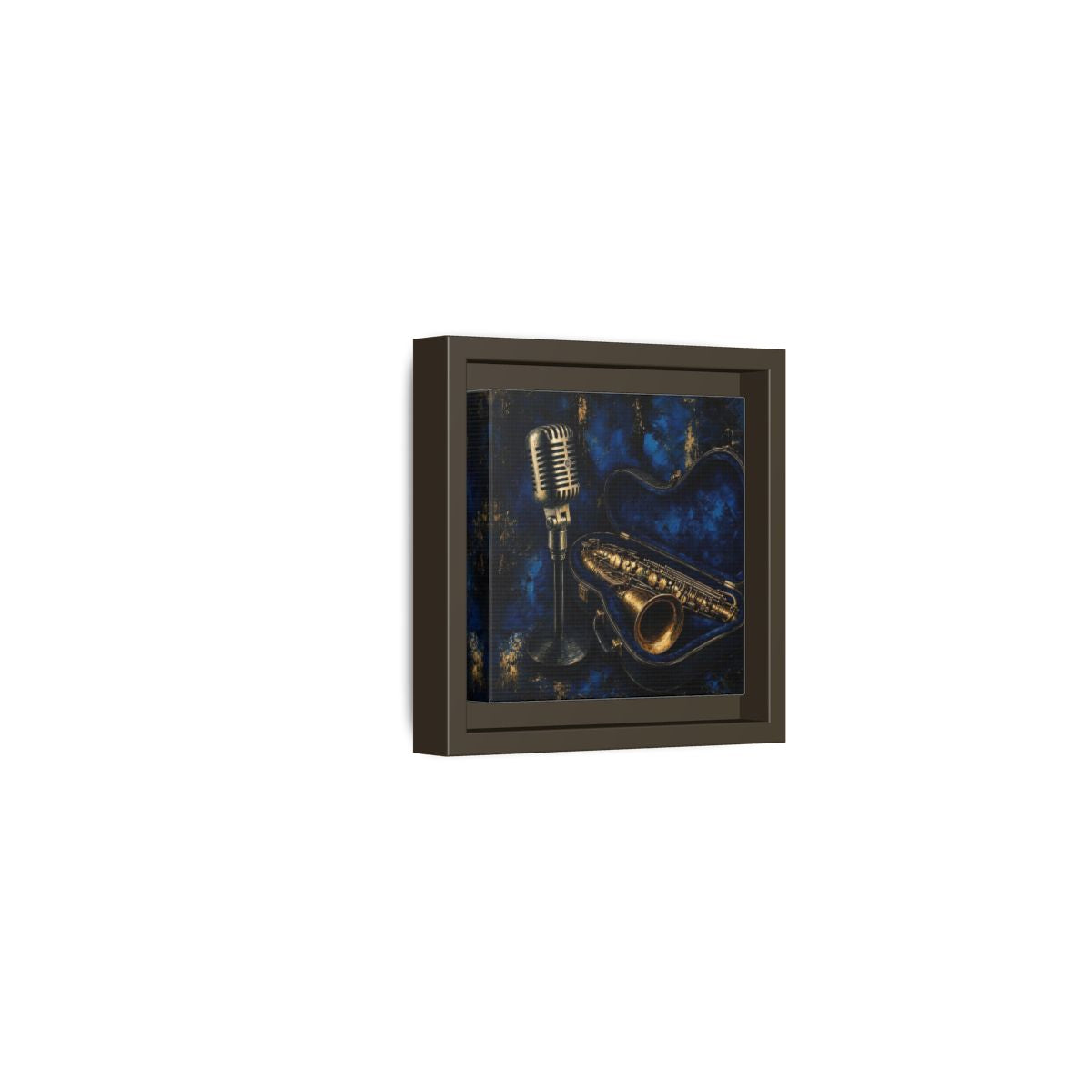 Side Mockup 23. Vintage Saxophone Microphone Blue And Gold Music shown as framed canvas print