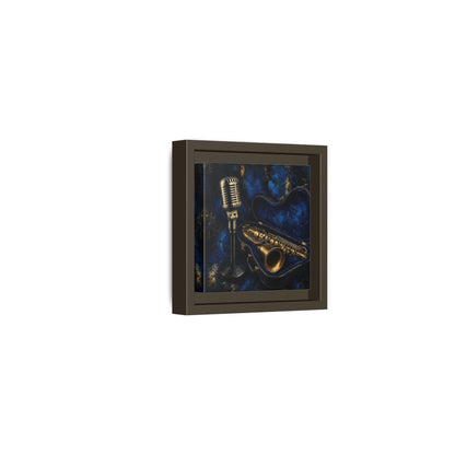 Side Mockup 23. Vintage Saxophone Microphone Blue And Gold Music shown as framed canvas print