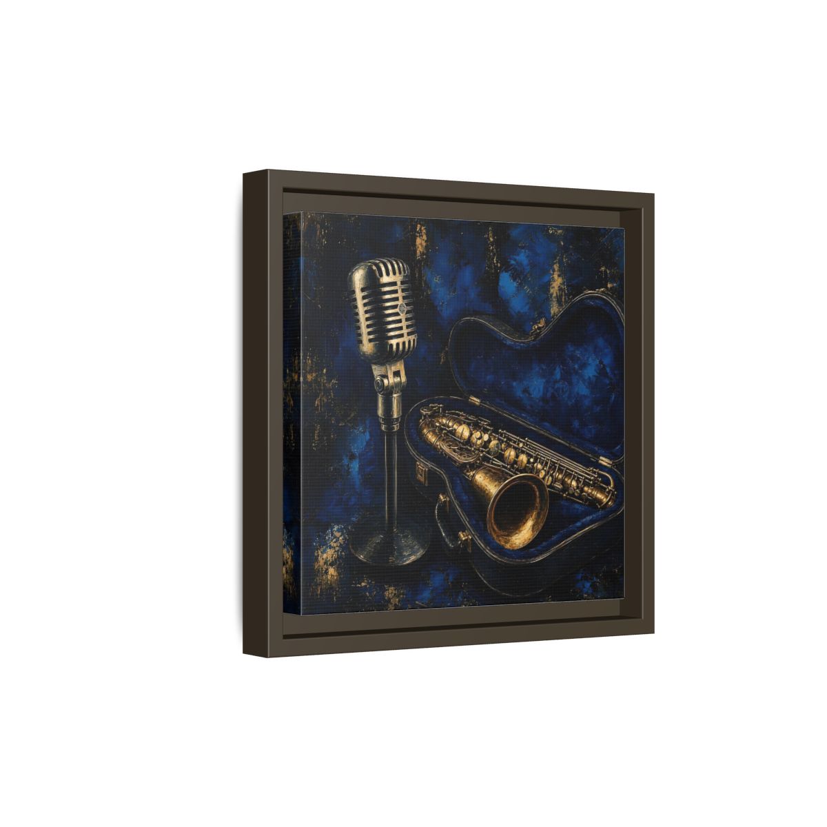 Side Mockup 20. Vintage Saxophone Microphone Blue And Gold Music shown as framed canvas print