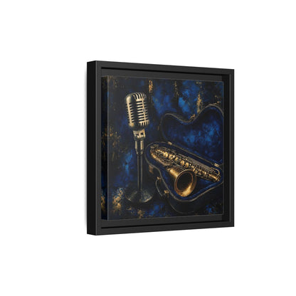 Side Mockup 21. Vintage Saxophone Microphone Blue And Gold Music shown as framed canvas print