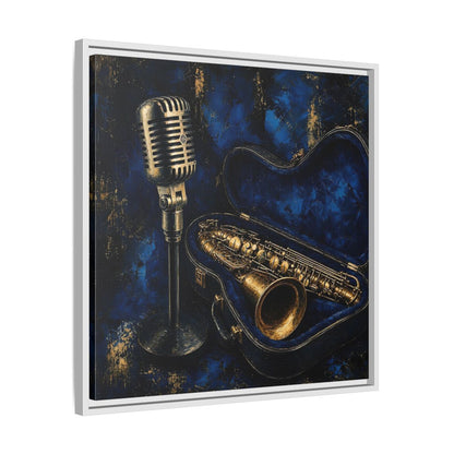Side Mockup 26. Vintage Saxophone Microphone Blue And Gold Music shown as framed canvas print