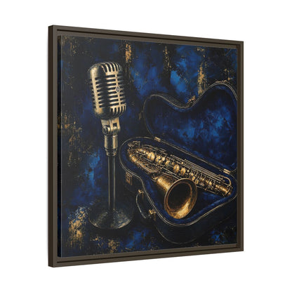 Side Mockup 27. Vintage Saxophone Microphone Blue And Gold Music shown as framed canvas print