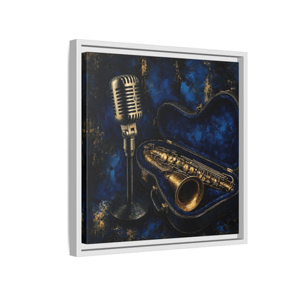 Side Mockup 13. Vintage Saxophone Microphone Blue And Gold Music shown as framed canvas print