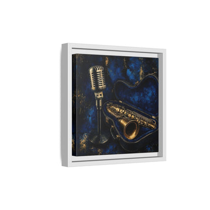 Side Mockup 19. Vintage Saxophone Microphone Blue And Gold Music shown as framed canvas print