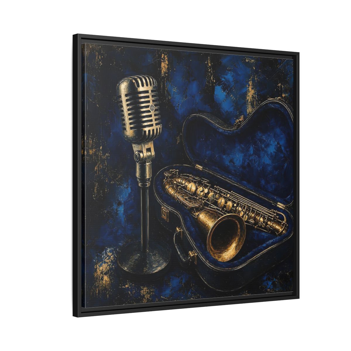 Side Mockup 9. Vintage Saxophone Microphone Blue And Gold Music shown as framed canvas print