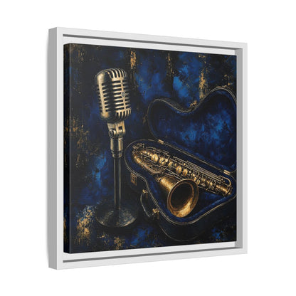 Side Mockup 28. Vintage Saxophone Microphone Blue And Gold Music shown as framed canvas print
