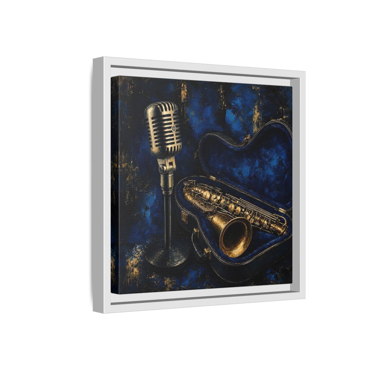 Side Mockup 16. Vintage Saxophone Microphone Blue And Gold Music shown as framed canvas print