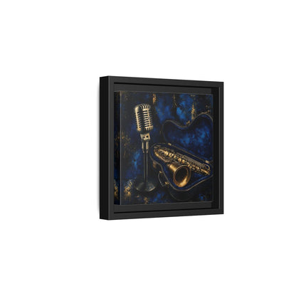 Side Mockup 3. Vintage Saxophone Microphone Blue And Gold Music shown as framed canvas print