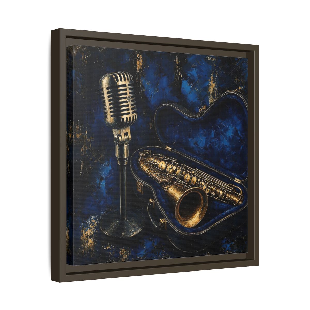 Side Mockup 29. Vintage Saxophone Microphone Blue And Gold Music shown as framed canvas print