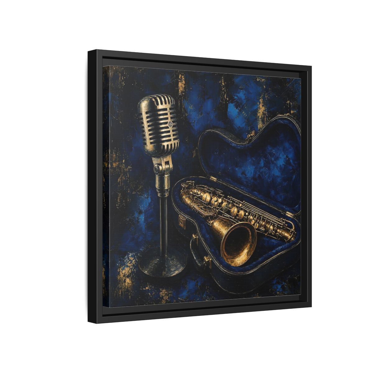 Side Mockup 15. Vintage Saxophone Microphone Blue And Gold Music shown as framed canvas print