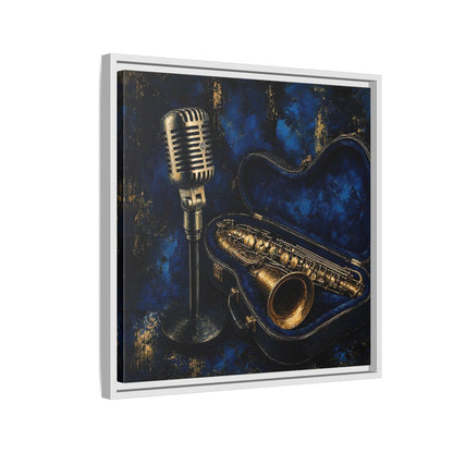 Side Mockup 10. Vintage Saxophone Microphone Blue And Gold Music shown as framed canvas print