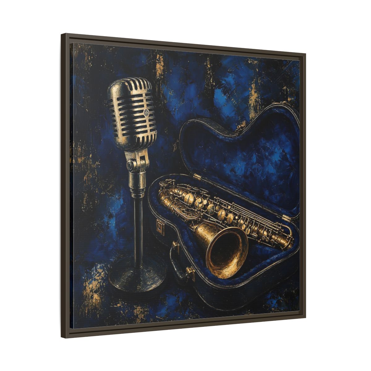 Main Mockup. Vintage Saxophone Microphone Blue And Gold Music shown as framed canvas print