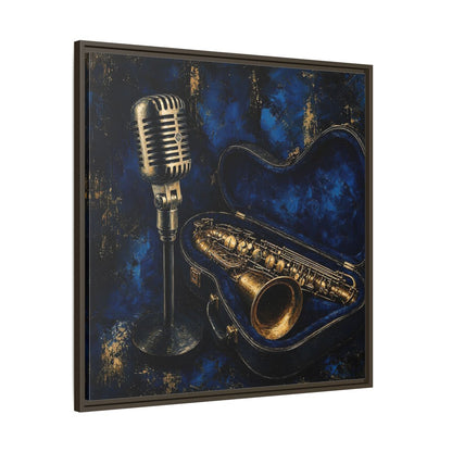 Main Mockup. Vintage Saxophone Microphone Blue And Gold Music shown as framed canvas print