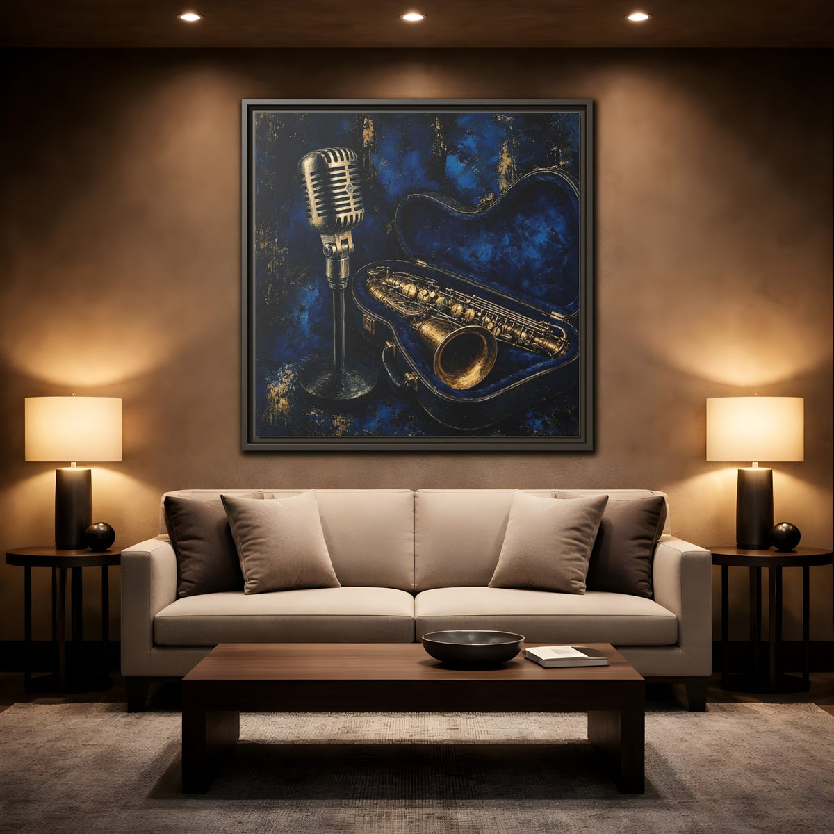 Mockup 2. Vintage Saxophone Microphone Blue And Gold Music shown as framed canvas print