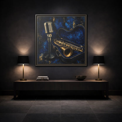 Mockup 3. Vintage Saxophone Microphone Blue And Gold Music shown as framed canvas print