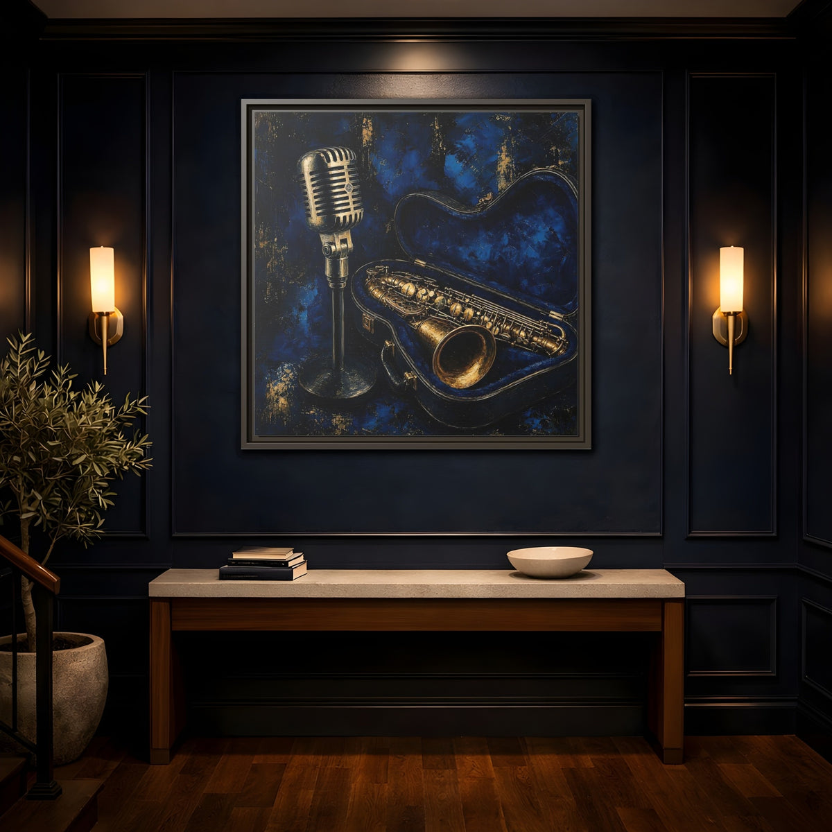Mockup 4. Vintage Saxophone Microphone Blue And Gold Music shown as framed canvas print