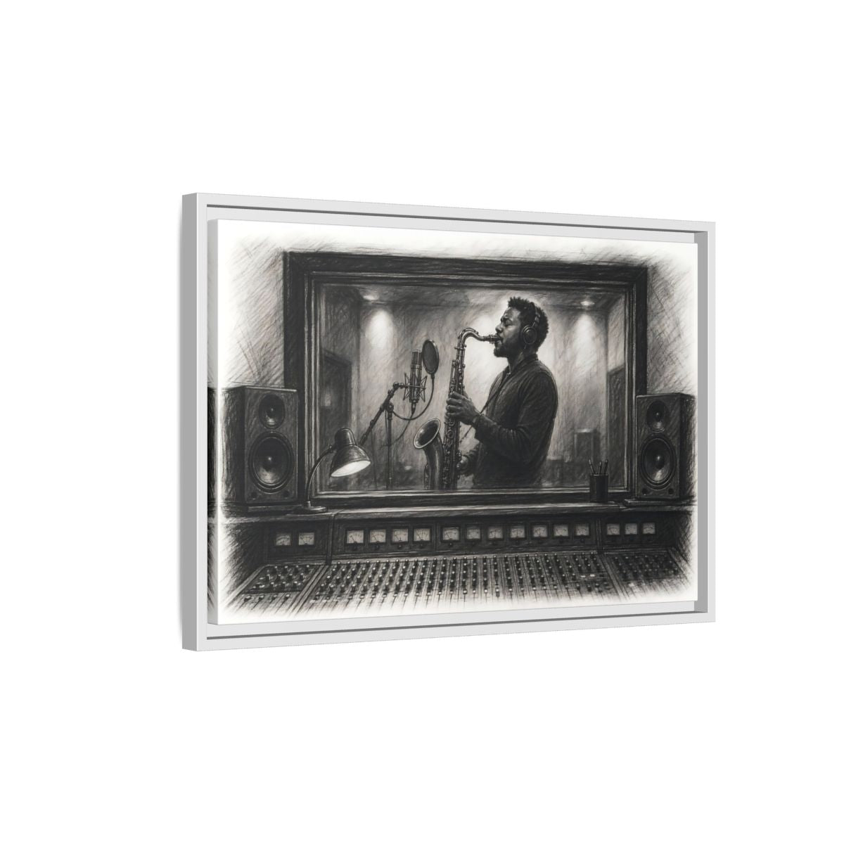 Side Mockup 1. Vintage Saxophone Player Monochrome Musician shown as framed canvas print