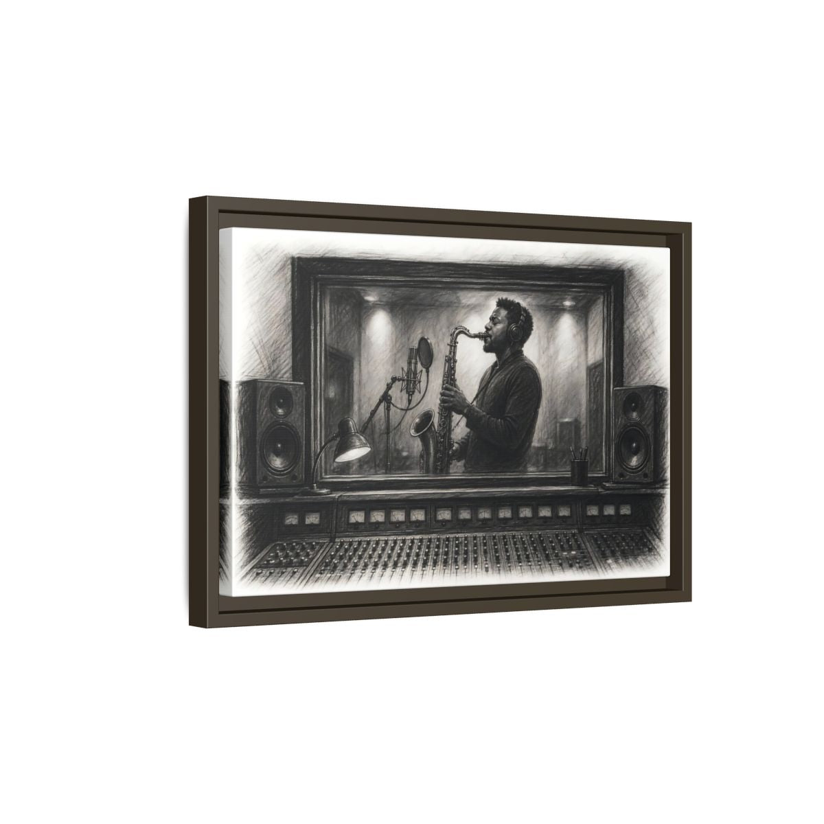 Side Mockup 5. Vintage Saxophone Player Monochrome Musician shown as framed canvas print