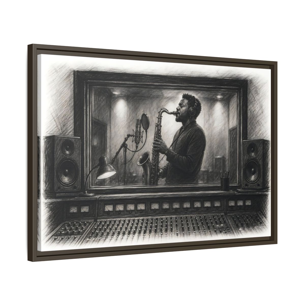 Side Mockup 11. Vintage Saxophone Player Monochrome Musician shown as framed canvas print