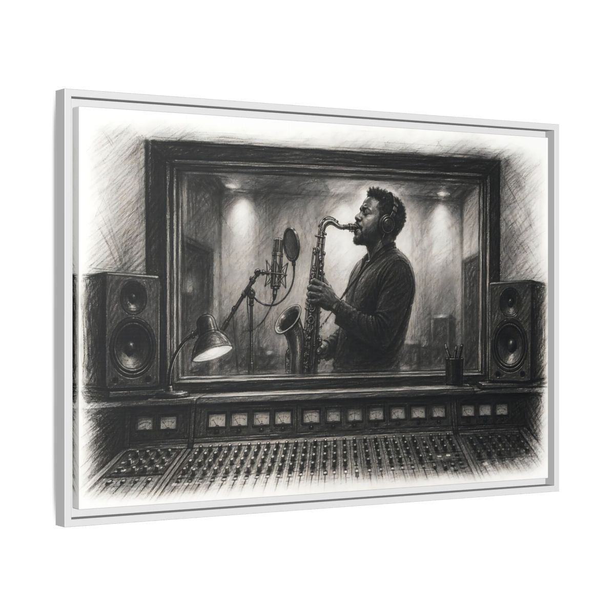 Side Mockup 9. Vintage Saxophone Player Monochrome Musician shown as framed canvas print