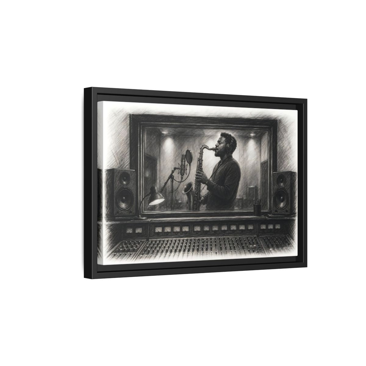 Side Mockup 6. Vintage Saxophone Player Monochrome Musician shown as framed canvas print