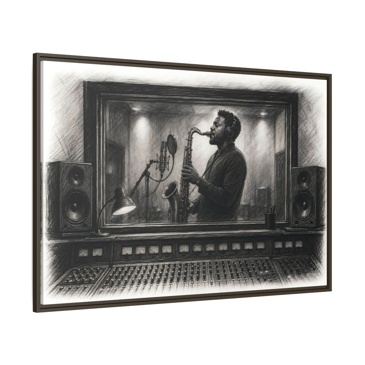Side Mockup 8. Vintage Saxophone Player Monochrome Musician shown as framed canvas print