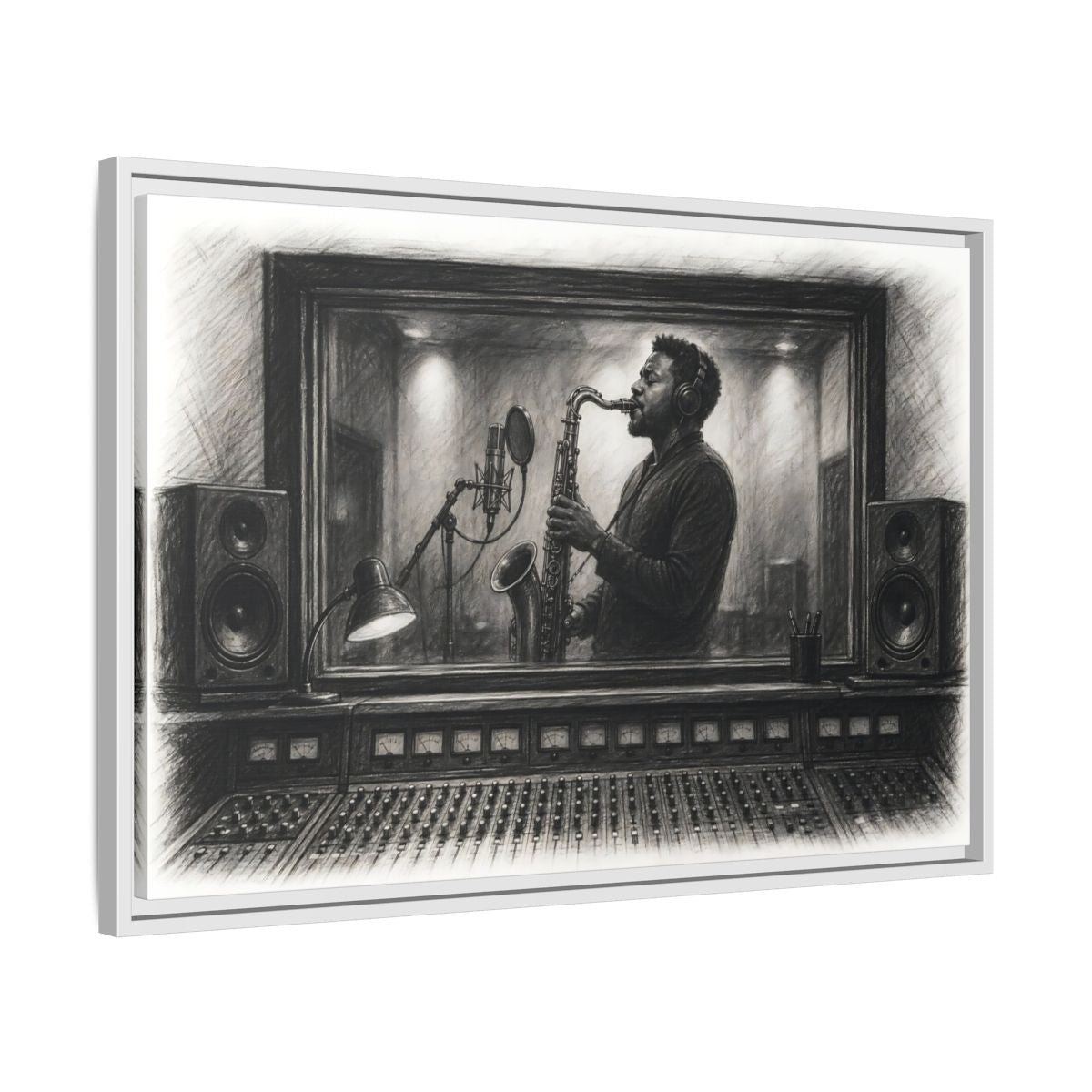 Side Mockup 10. Vintage Saxophone Player Monochrome Musician shown as framed canvas print
