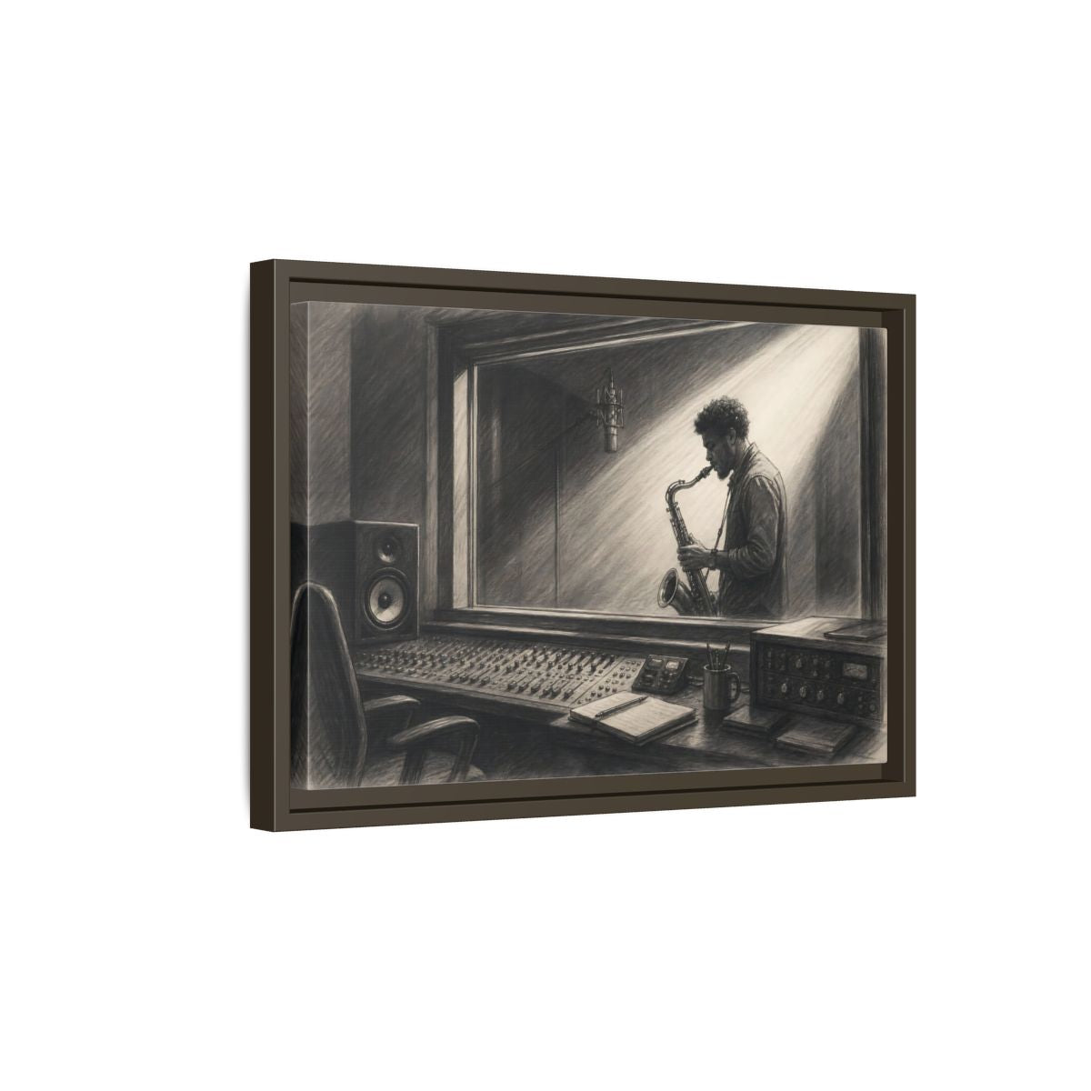 Side Mockup 5. Vintage Saxophone Player Monochrome Musician shown as framed canvas print