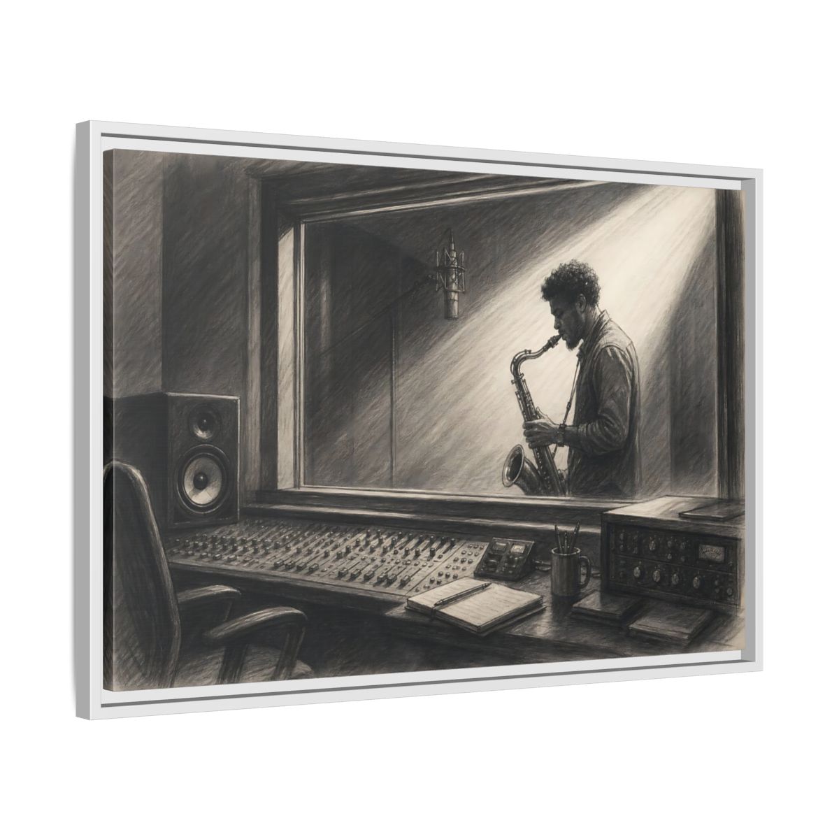 Side Mockup 10. Vintage Saxophone Player Monochrome Musician shown as framed canvas print