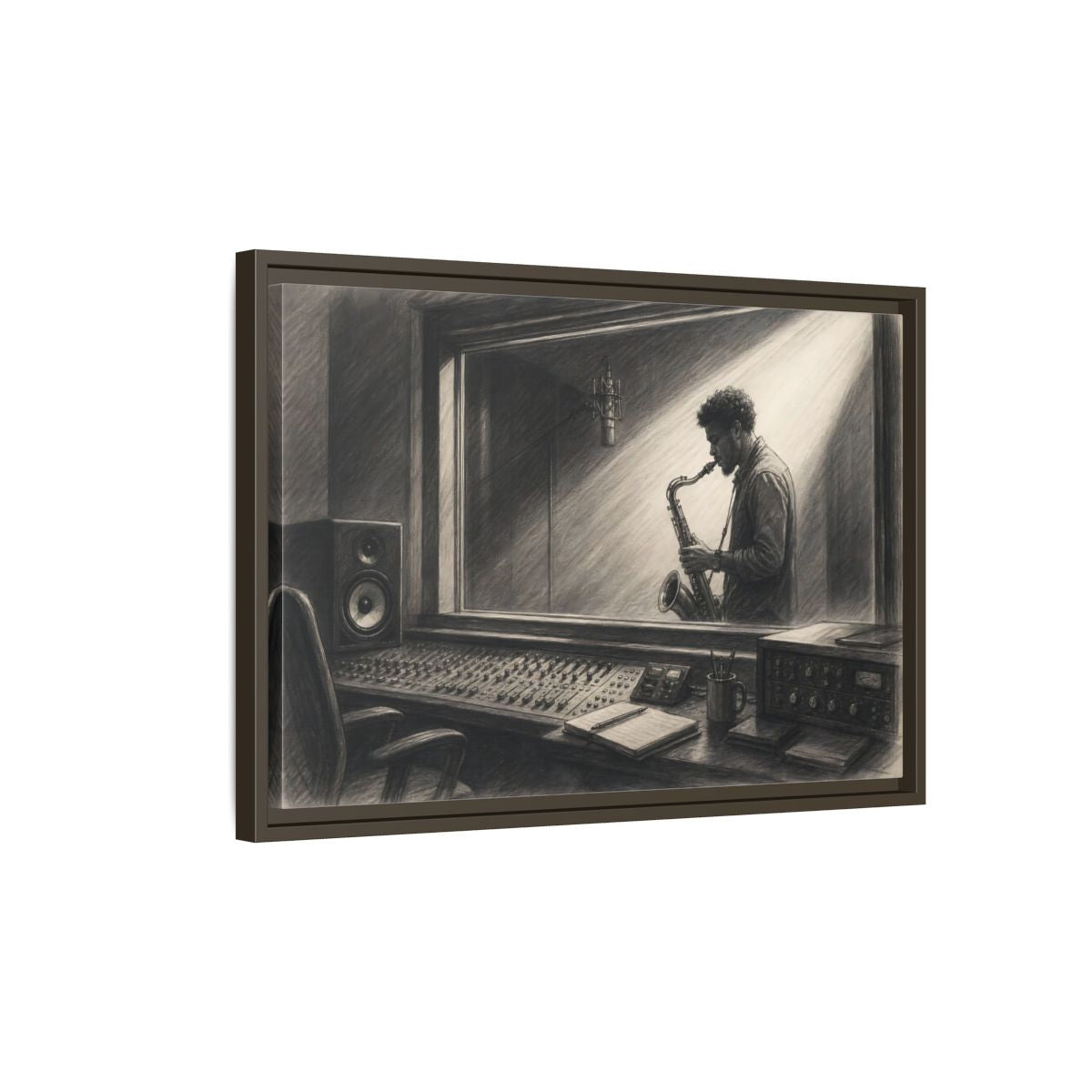 Side Mockup 2. Vintage Saxophone Player Monochrome Musician shown as framed canvas print
