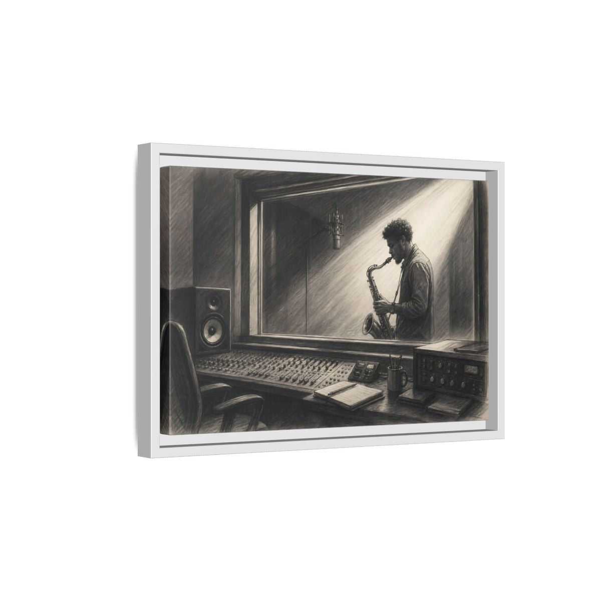 Side Mockup 4. Vintage Saxophone Player Monochrome Musician shown as framed canvas print